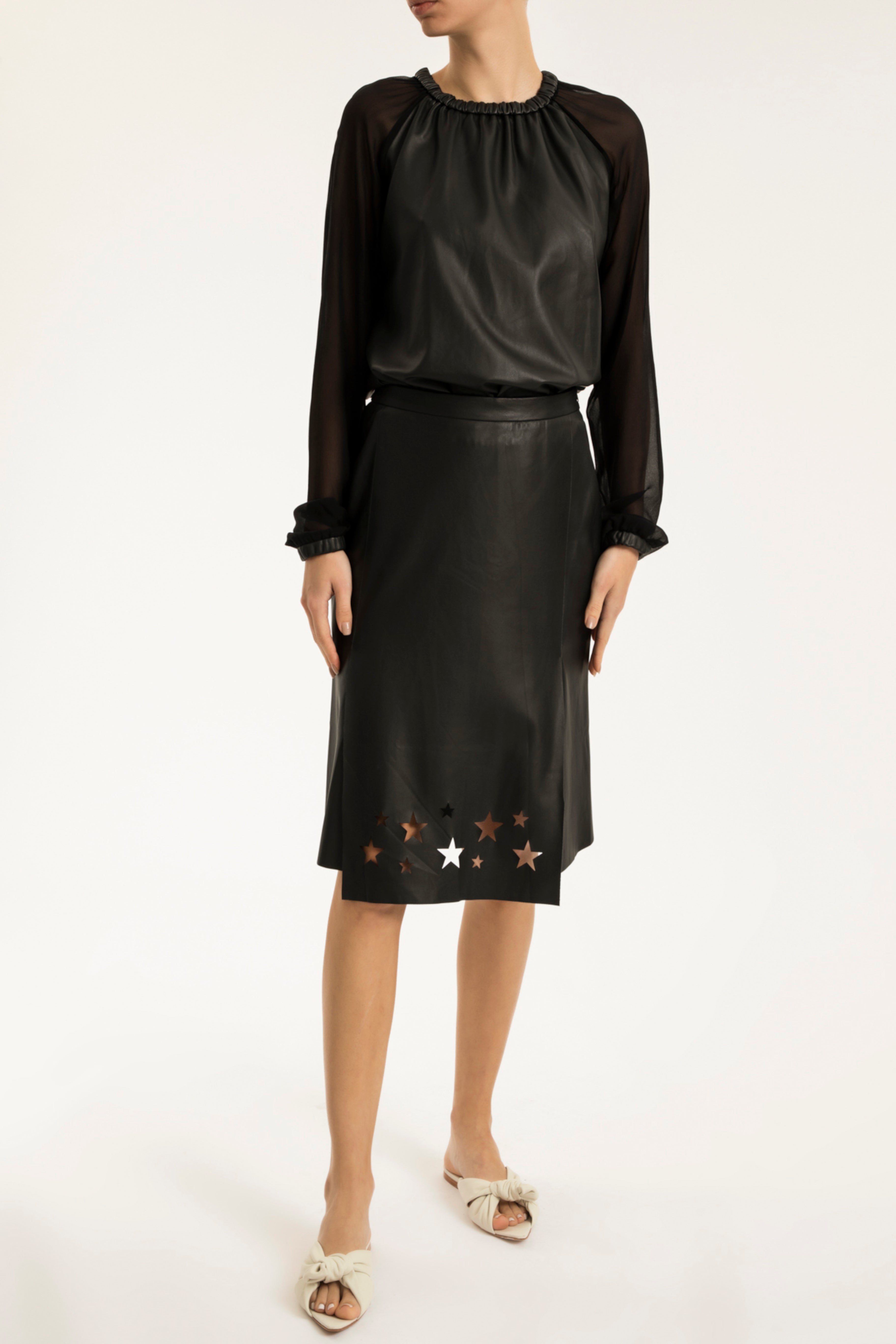 Faux Leather Detail Midi Skirt