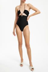Lipstick Solid Cut-Out Frilled Swimsuit